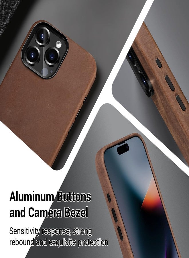 Belemay Compatible with iPhone 15 Pro Leather Case Magsafe - Top Grain Vintage Crazy Horse Leather - Metal Buttons & Camera Bezel Bump - Slim Fit & Soft - Premium Phone Cover (6.1-inch) Retro Brown - Image 3